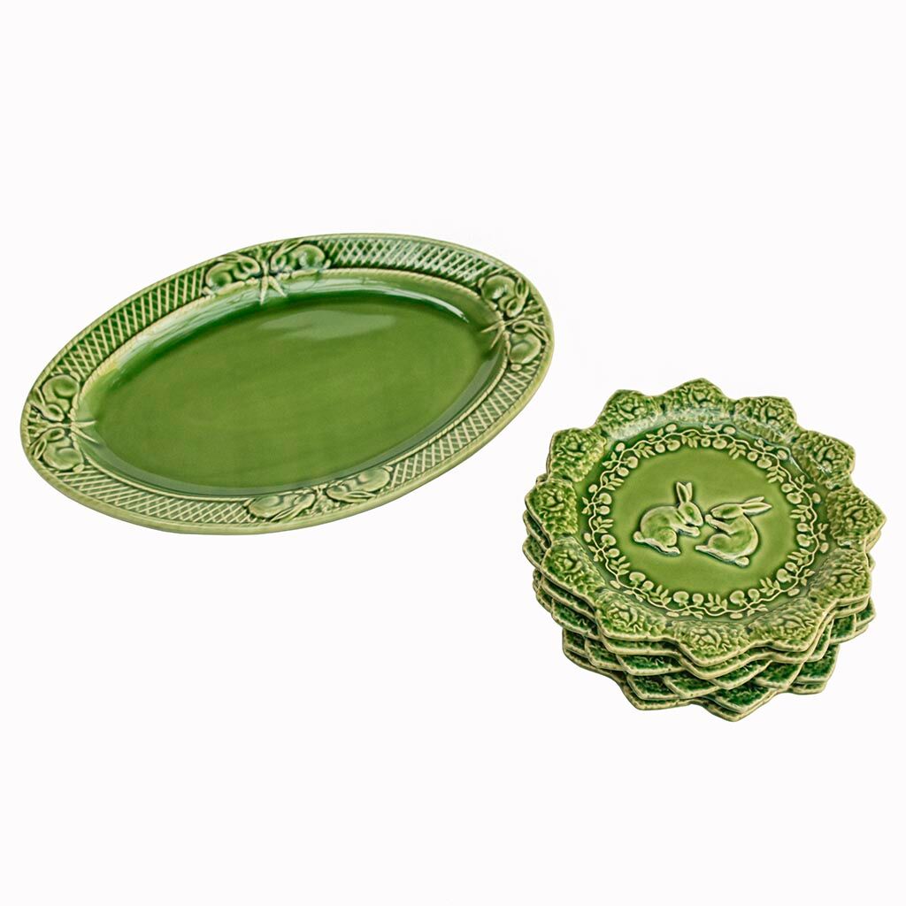Lot service 6 dessert plates and 1 green dish Bordallo Pinheiro Portugal rabbit rabbit vintage