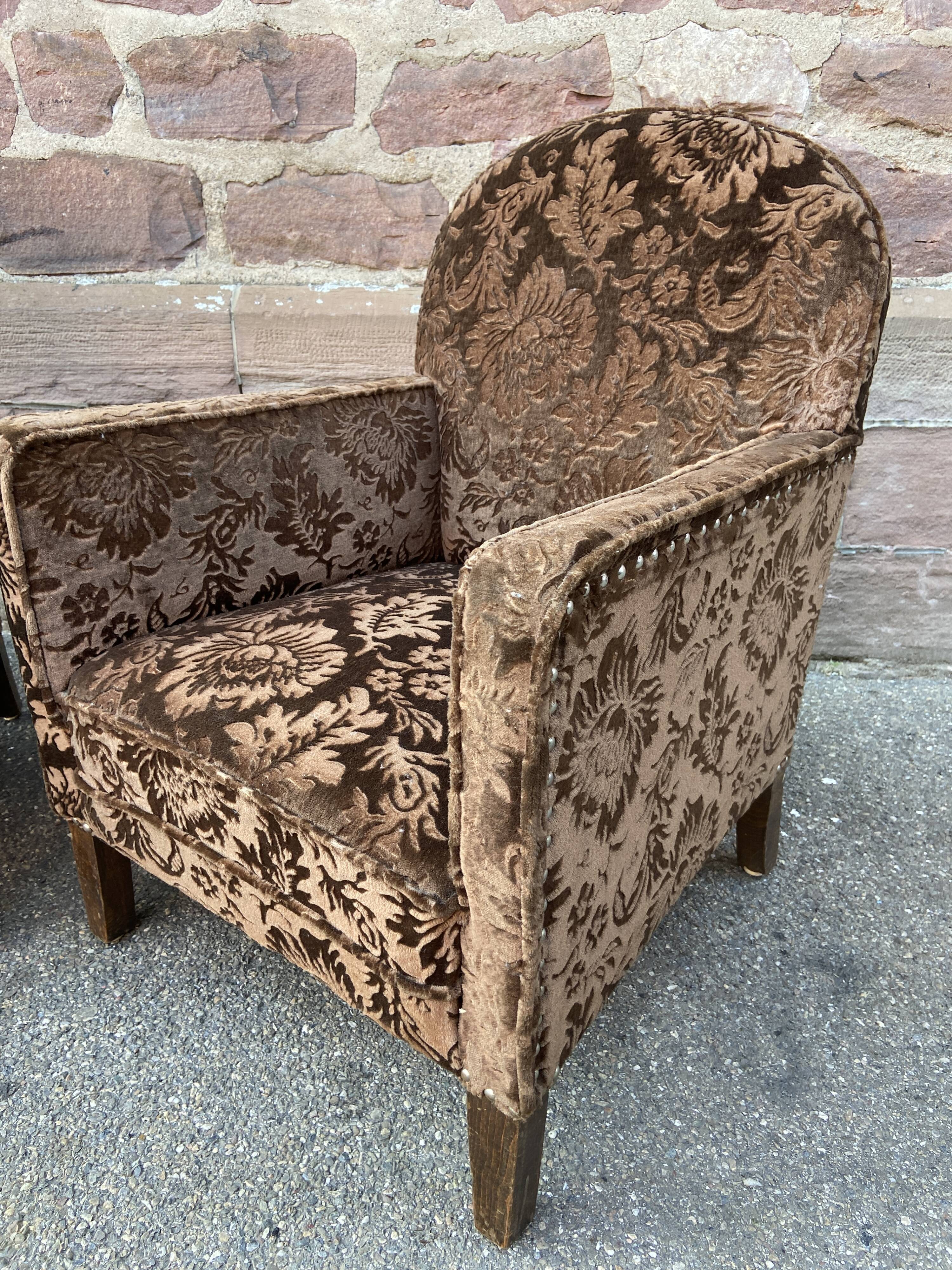 Pair of 1930 vintage art deco club armchairs in velvet