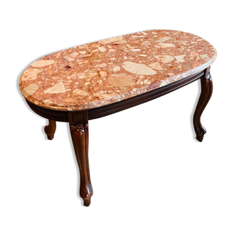 Table basse marbre rose style Louis XV sur pieds bois