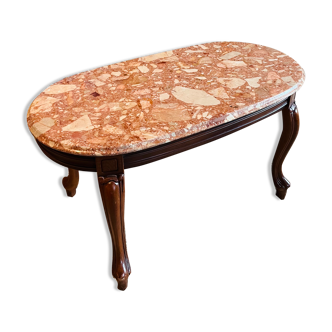 Pink marble coffee table Louis XV style on wooden legs