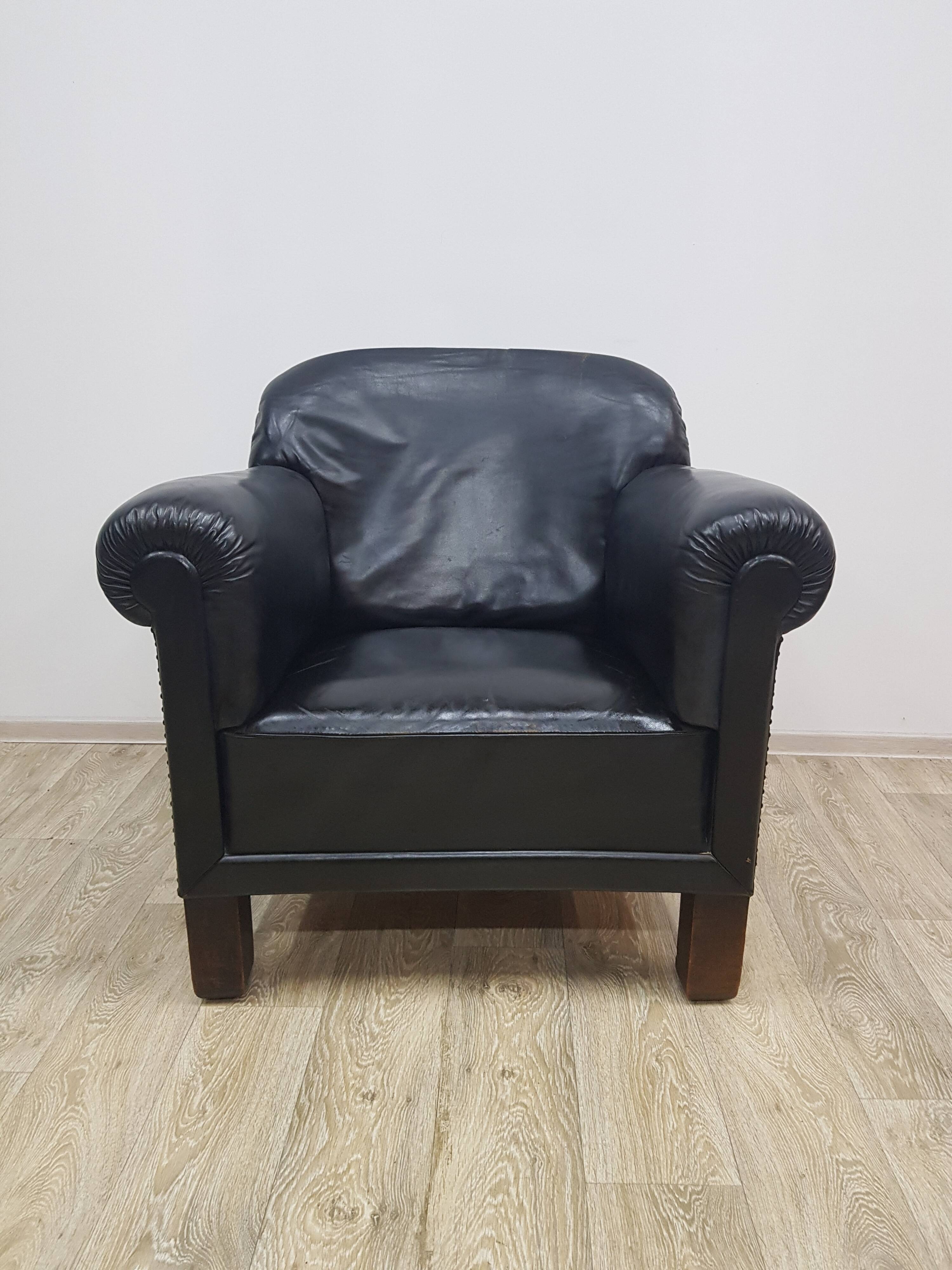 Vintage club armchair with studs, leather, Art Deco, 1930s/40s.