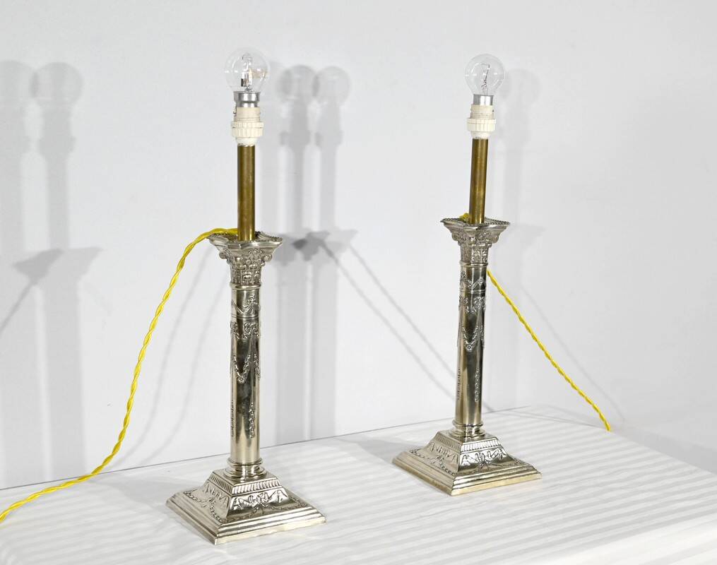 Pair of Electrified Torches in Silver Metal – Mid-19th Century