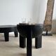 Black mango wood tripod side table with a semi-spherical top, height: 45 cm, diameter: 44 cm.