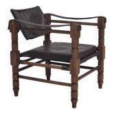 Années 1960, fauteuil lounge scandinave "Safari", état d'origine, cuir, bois de hêtre.
