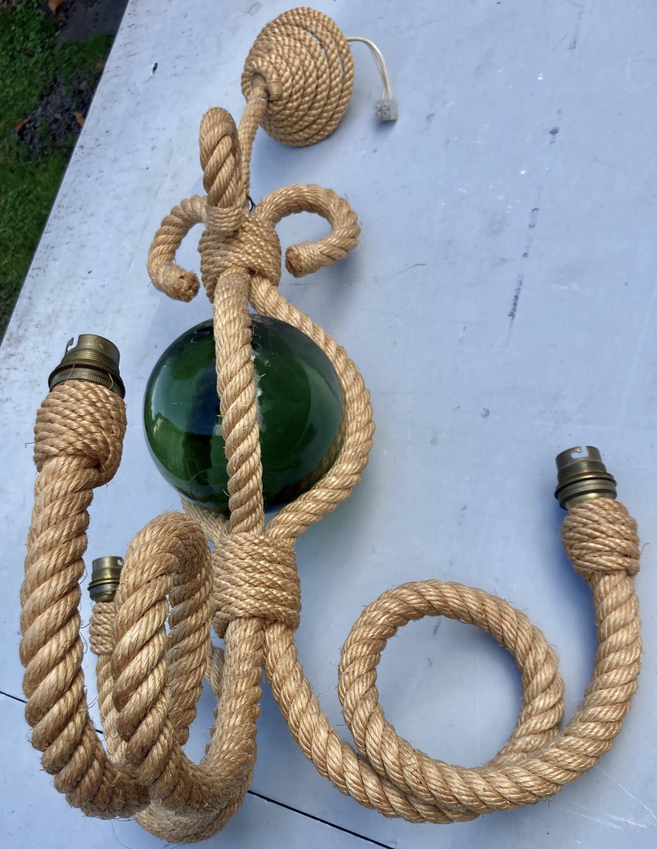 Audoux & Minet - vintage cord chandelier with 3 lights - France circa 1950