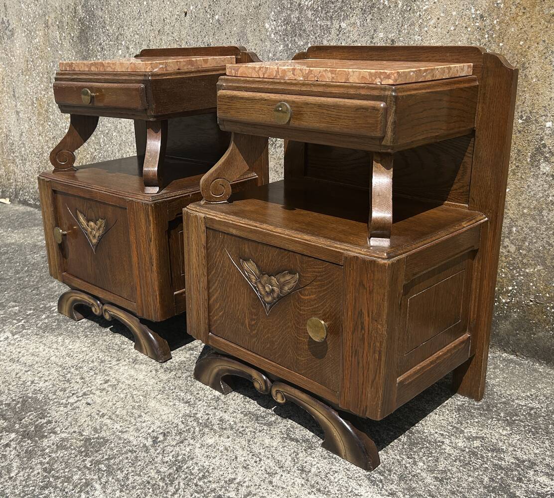 Pair of bedside tables, 1930s, 1940s, solid wood and marble