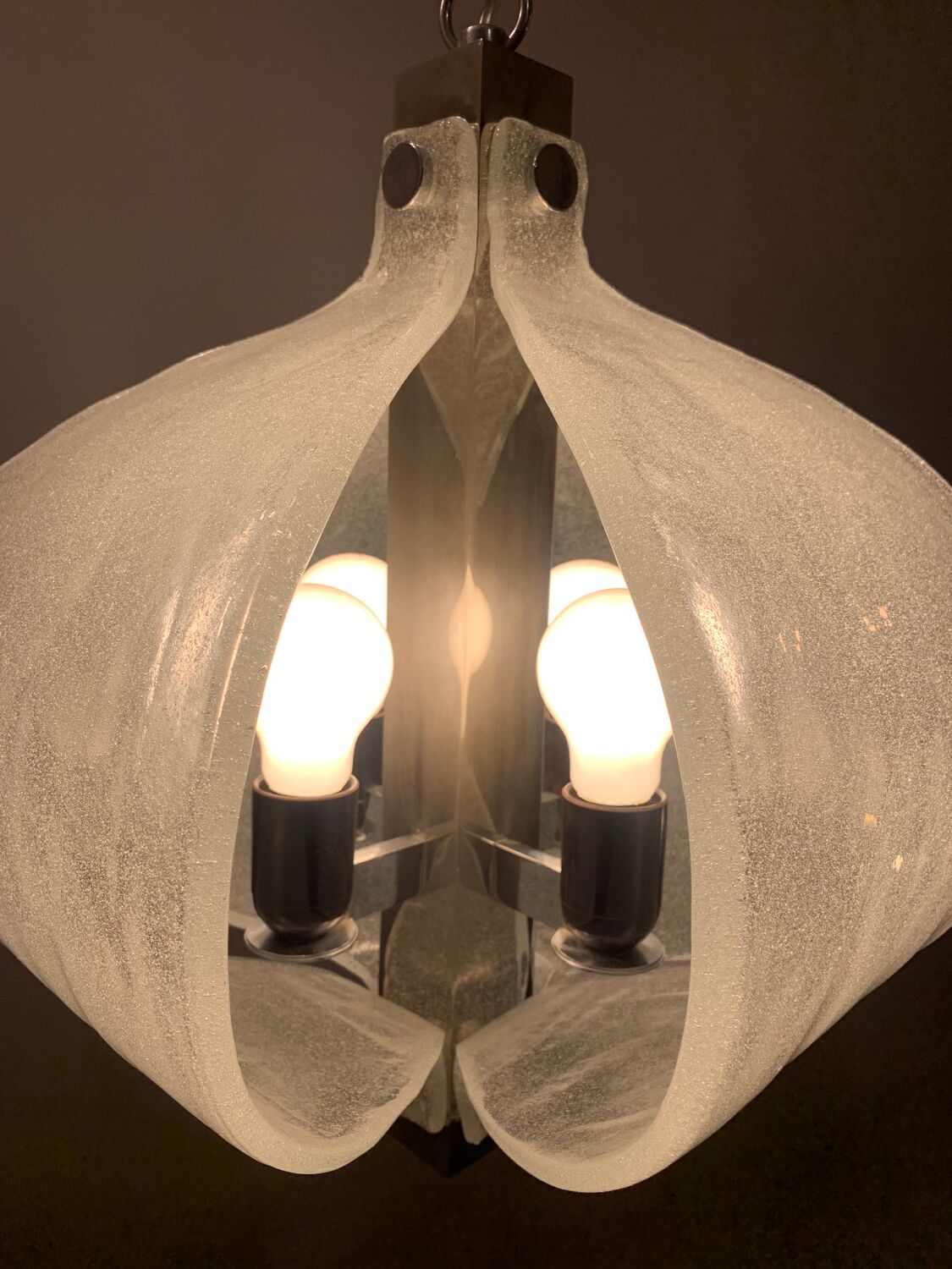 1960s Kaiser Leuchten Murano Frosted Glass and Chrome Ceiling Hanging Light