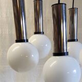 Cascade suspension with 5 chrome metal lights and opaline globes - 1970s