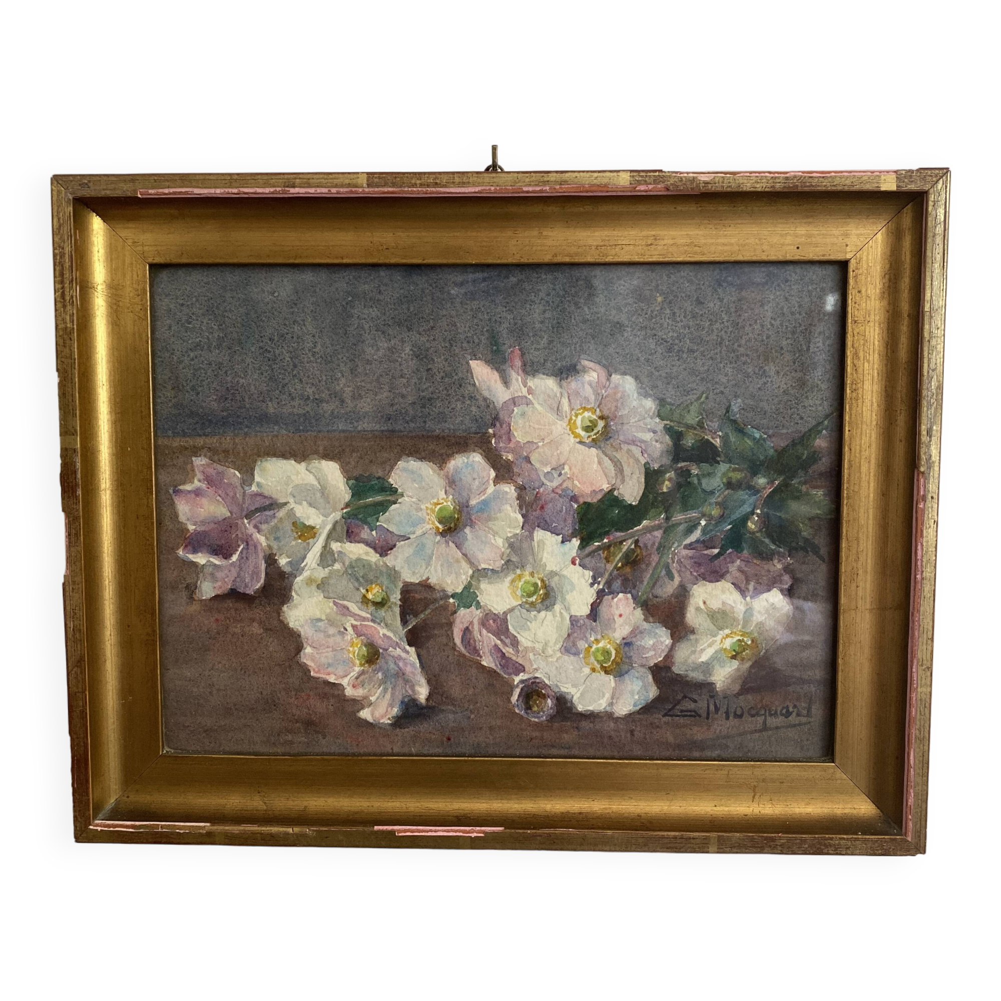 Aquarelle fleurs d'hellébores encadrée G. Mocquart