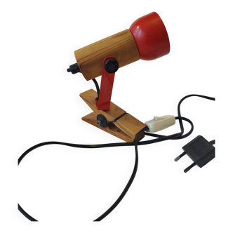 Vintage wooden and red metal clamp spotlight
