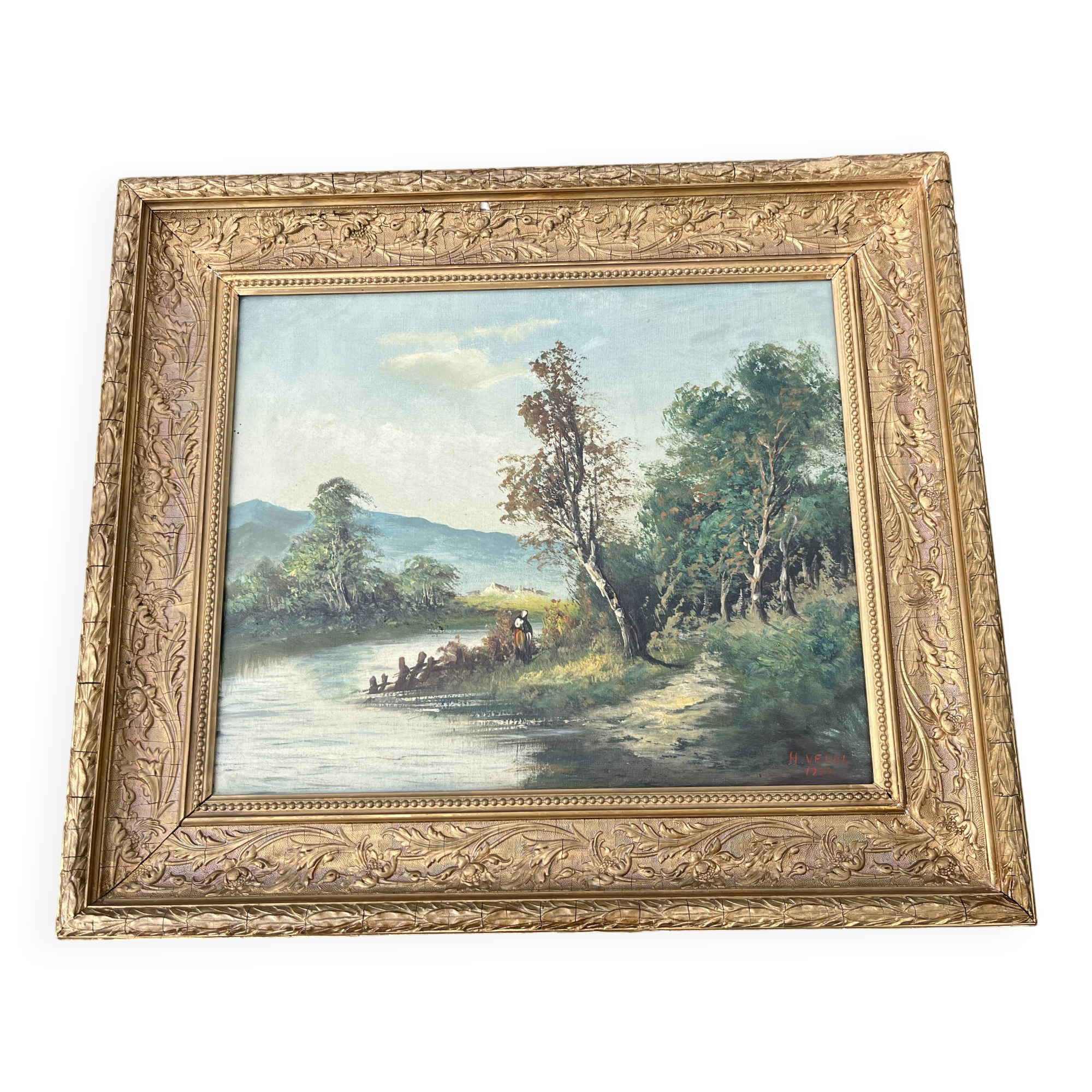 **Waterfront Landscape Painting – Country Scene by H. Vedel
