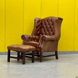 Brown leather chesterfield wing chair with Ottoman