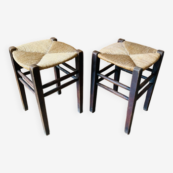 Pair of wood and straw stools