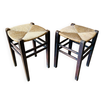 Pair of wood and straw stools