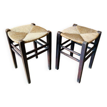 Pair of wood and straw stools
