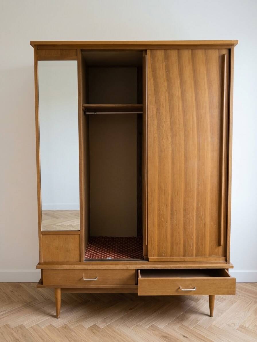 Vintage 1950s wardrobe in wood veneer.
