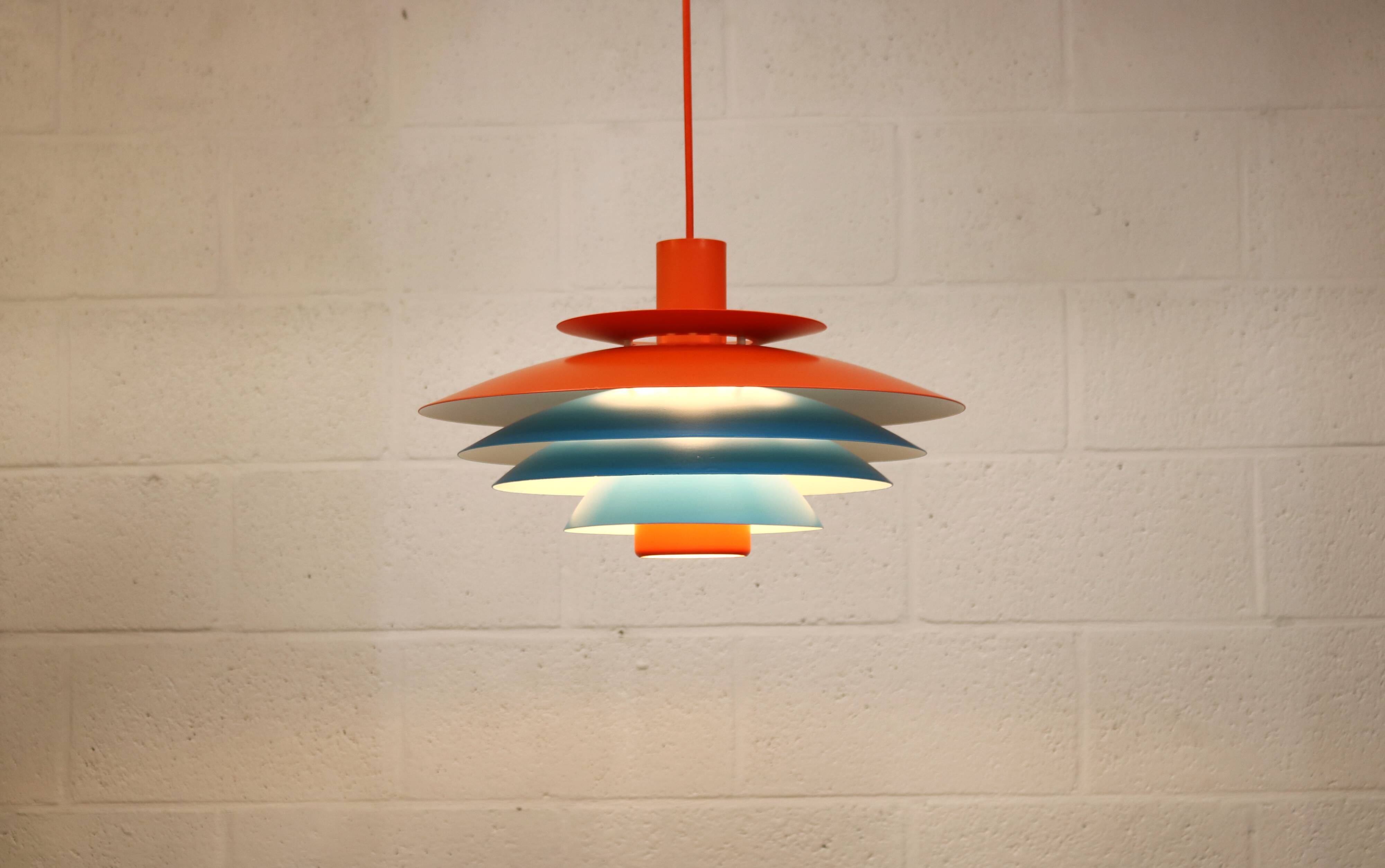 Unique blue and orange pendant lamp by Form Light model 52610, Denmark 70s.