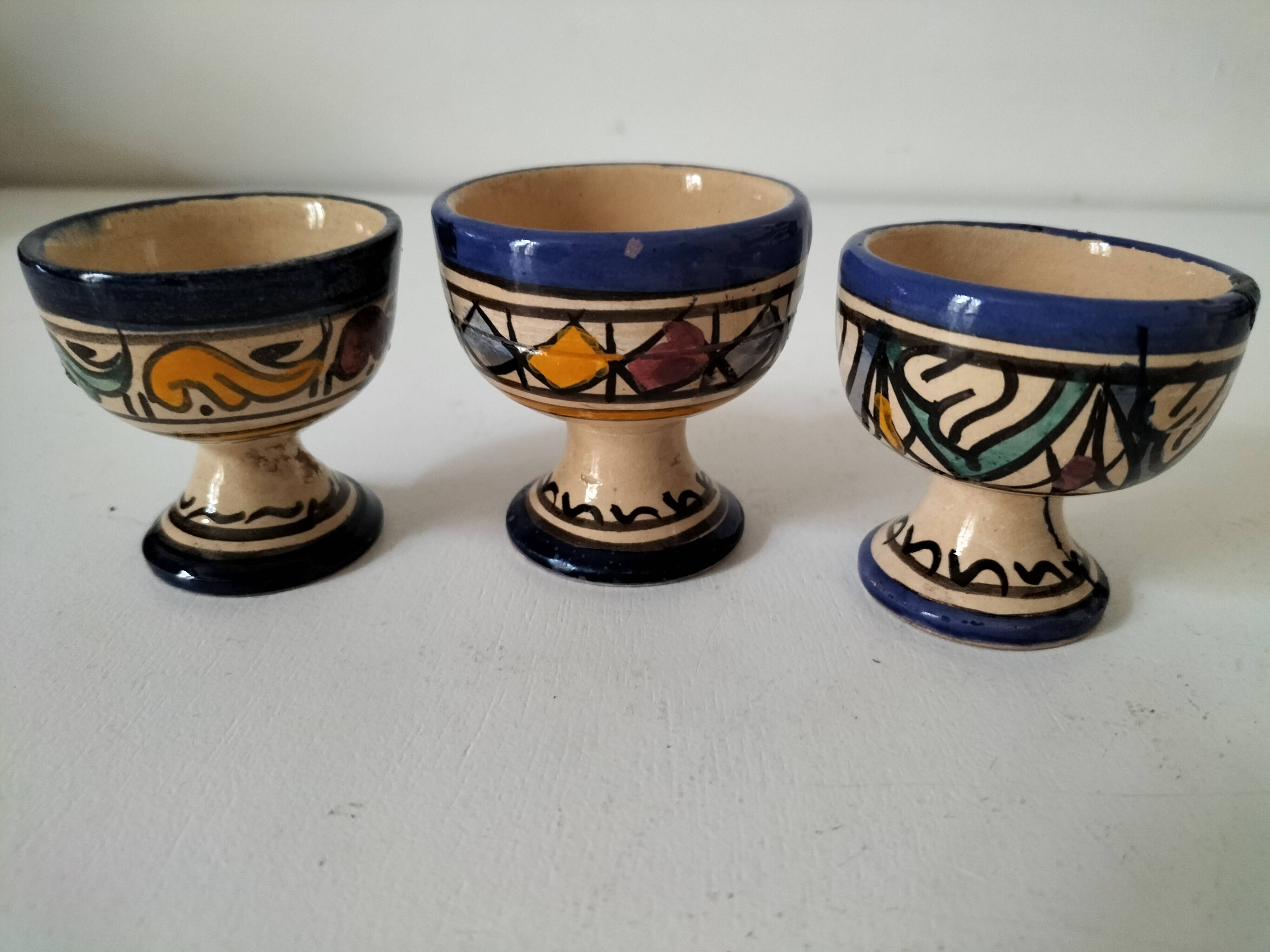 Trio of Moroccan ceramic egg cups from Fez, stamped