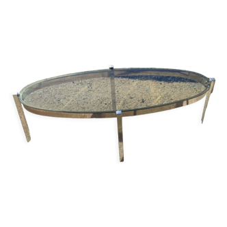 Elliptical coffee table circa 1970 in chromed metal and smoked glass