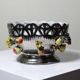Vintage Italian silver-plated porcelain bowl with cut-out design of fruits and flowers.