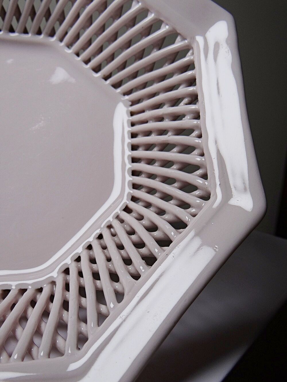 Pale pink woven octagonal porcelain bowl, circa 1950.