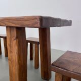 Solid elm dining set including 6 stools France 1970s