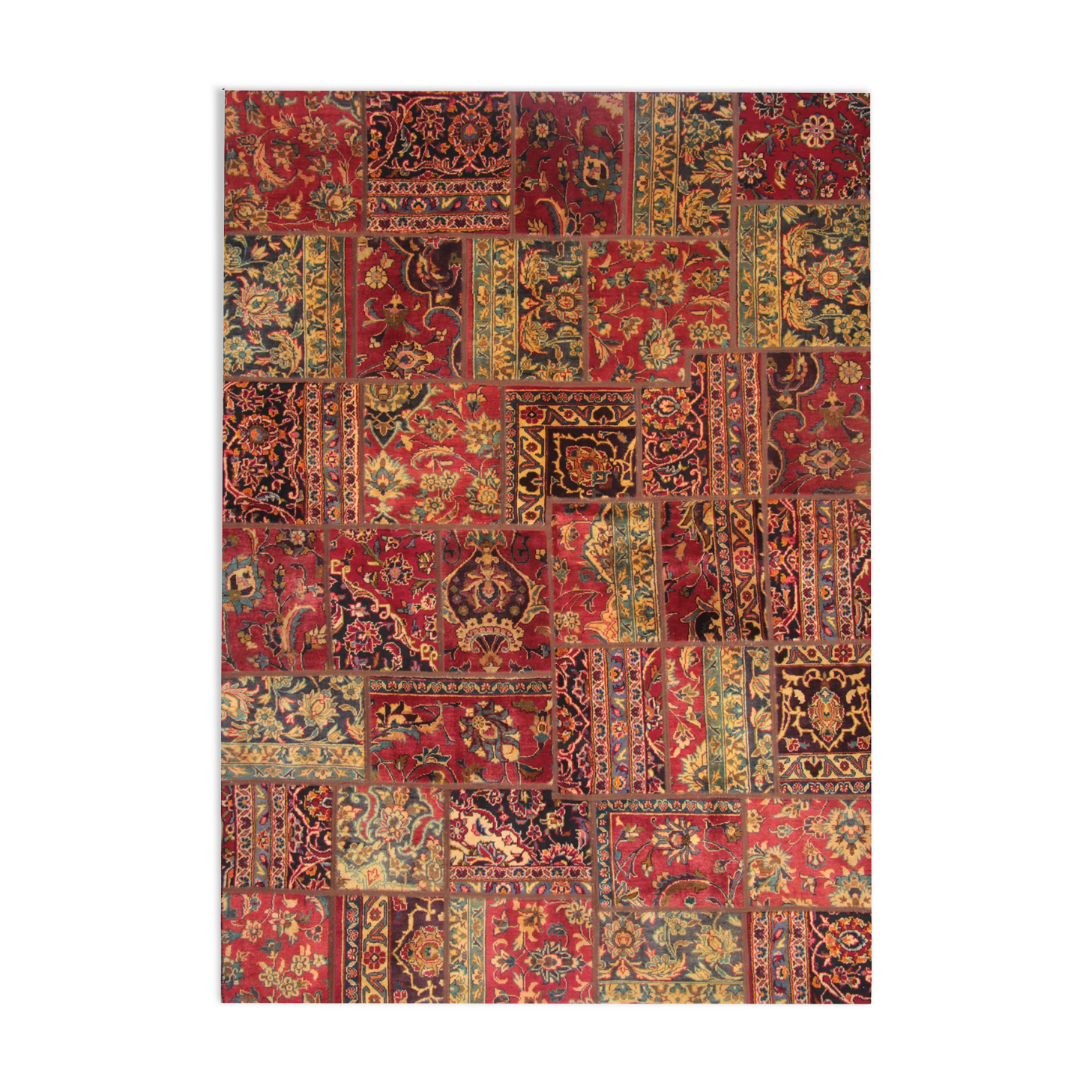 Red vintage patchwork area rug handmade wool living room carpet- 179x248cm