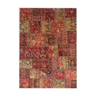Red vintage patchwork area rug handmade wool living room carpet- 179x248cm