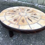 Vintage Roger Capron oval coffee table in ceramic, herbarium model with beech base.