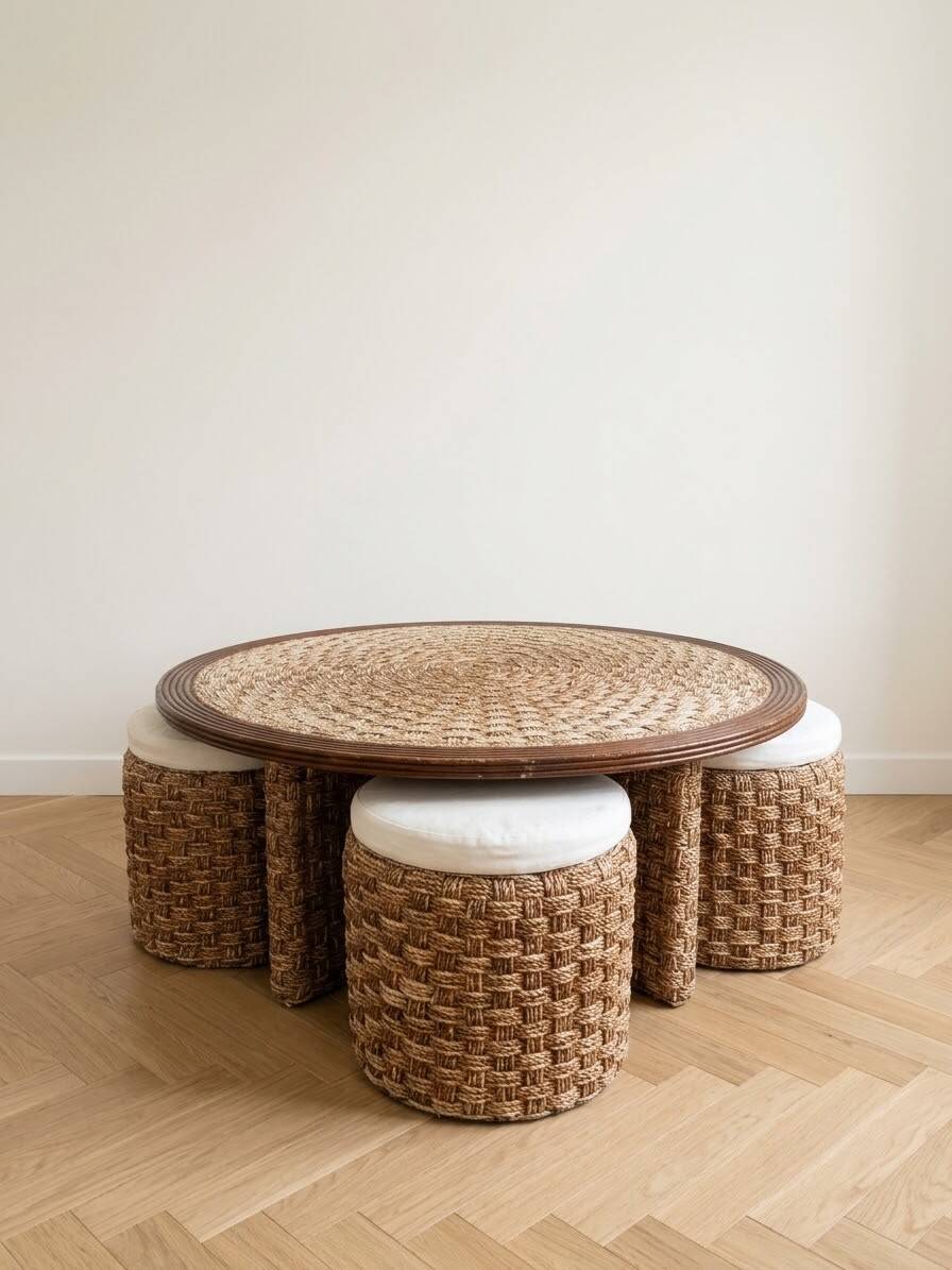 Ensemble table basse et 4 poufs encastrables vintage en corde tressée
