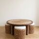 Ensemble table basse et 4 poufs encastrables vintage en corde tressée