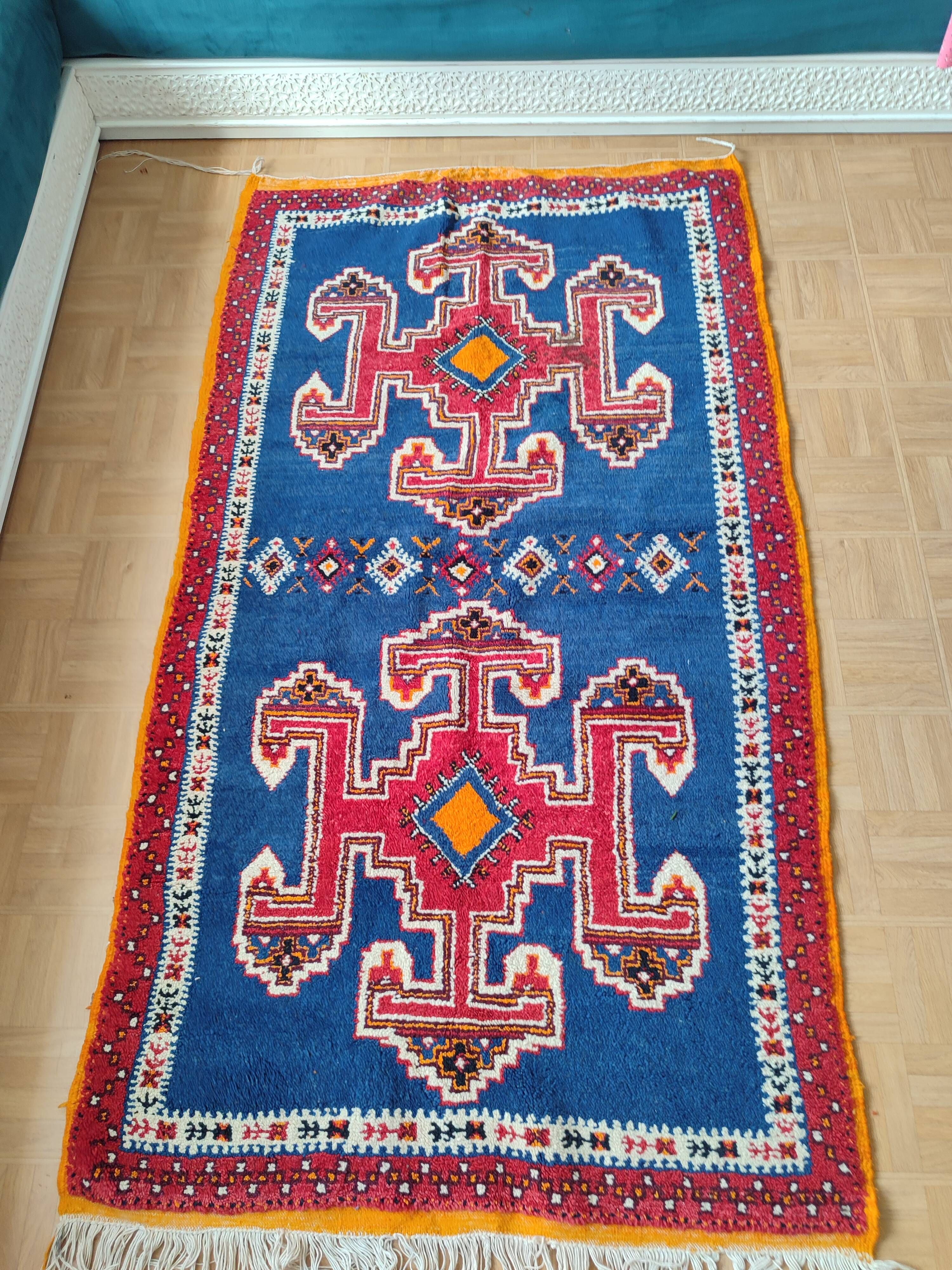 Handmade Berber Rug Blue Majorelle & Red - 112 x 200 cm