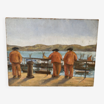 Small painting on masonite representing sailors