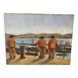 Small painting on masonite representing sailors