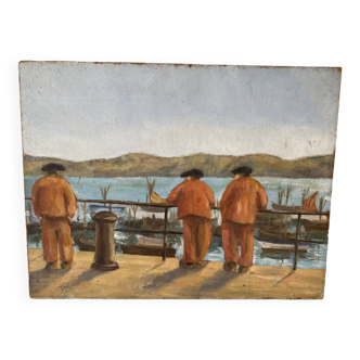 Small painting on masonite representing sailors