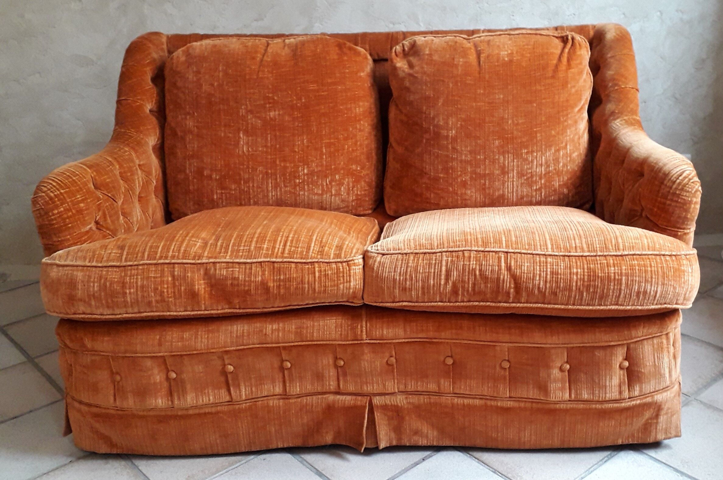 Orange velvet two-seat sofa
