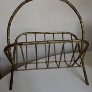 1960 magazine rack faux bamboo in beaten gold iron Italian craftsmanship