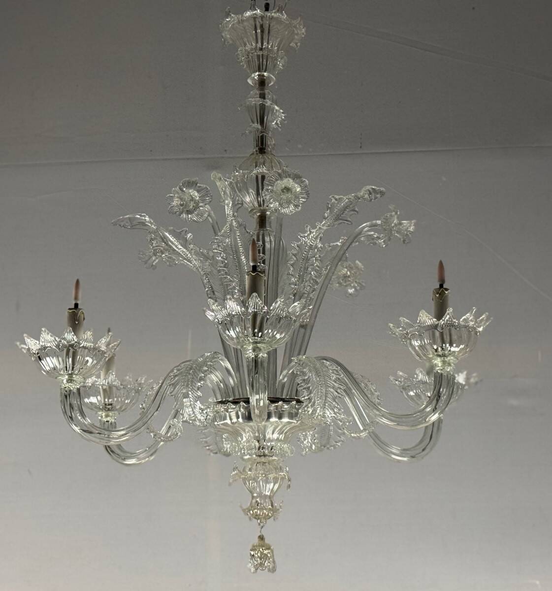 Venetian Chandelier in Colorless Murano Glass with 6 Lights, Circa 1930