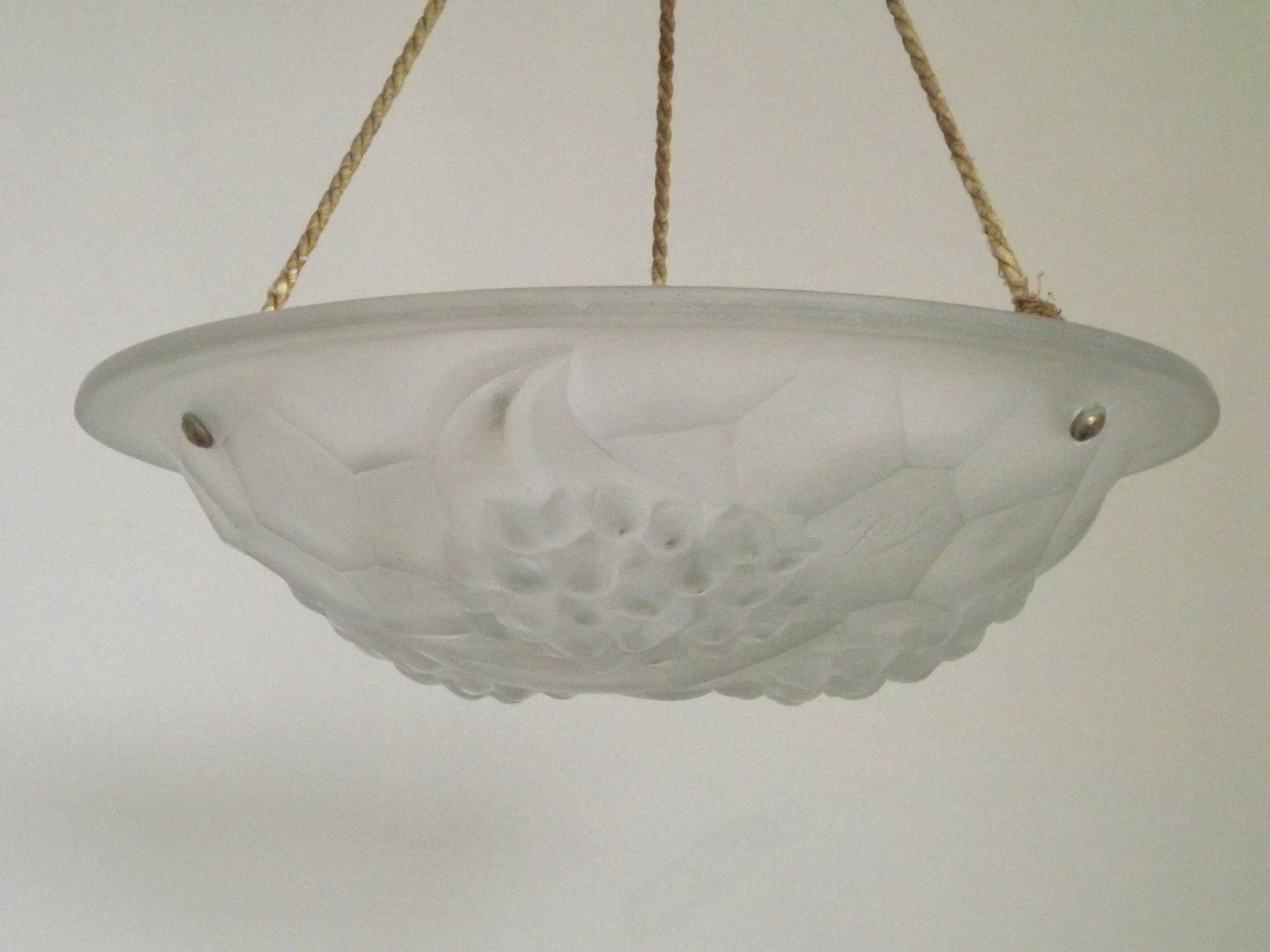 French Art Deco Ceiling Light ROS Degue Frosted Molded Glass Plafonnier