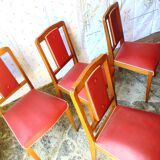 Set of 5 wooden chairs and red skaï