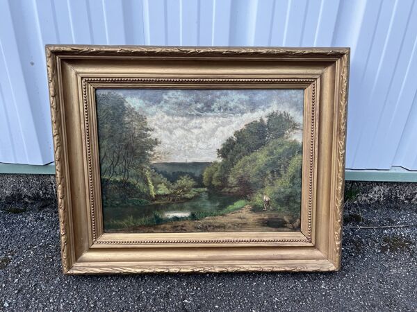 XIX Tableau ancien signé Vor Janin 1883 – Paysage animé au bord de l’eau