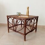 Vintage rattan and bamboo coffee table, 51*51 cm