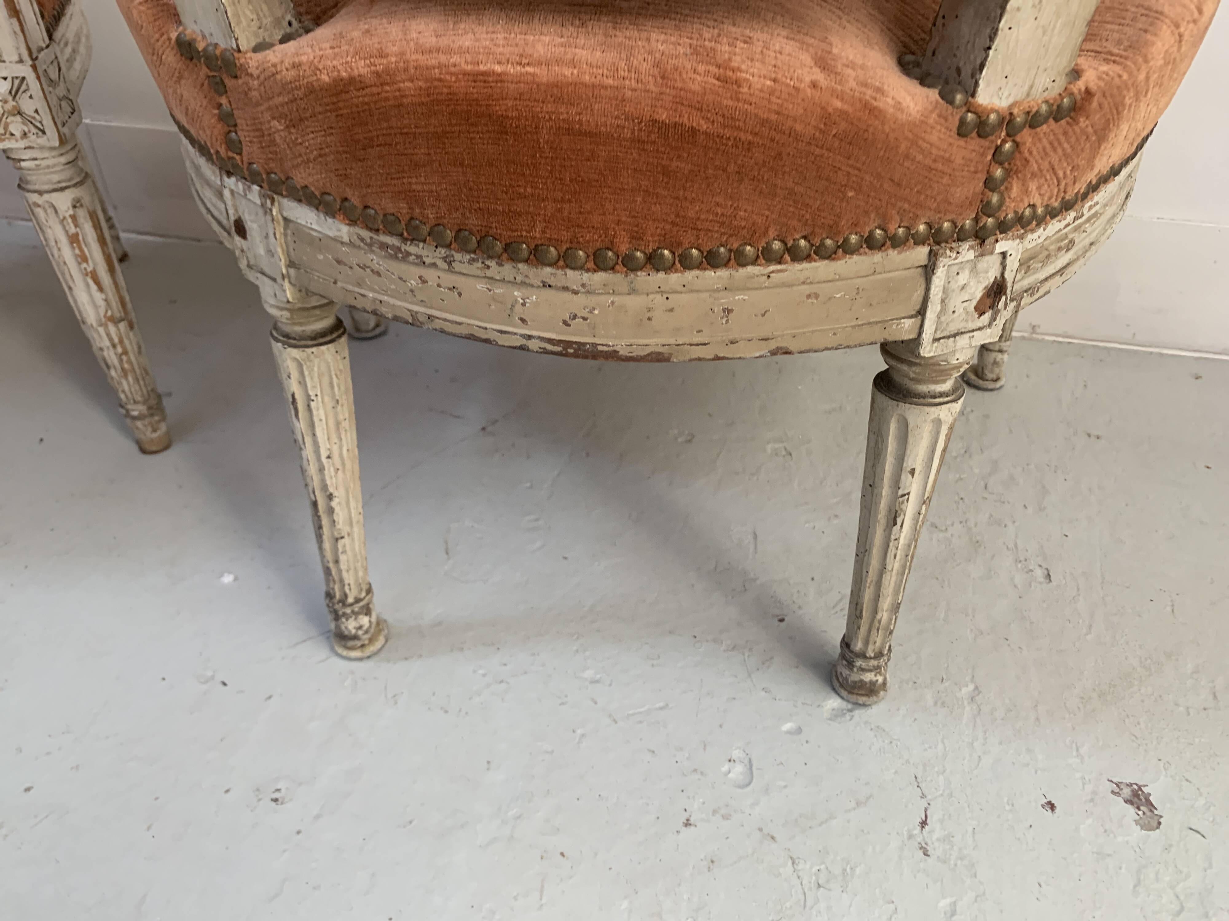 Pair of Louis XVI style armchairs in patinated beech, 19th century