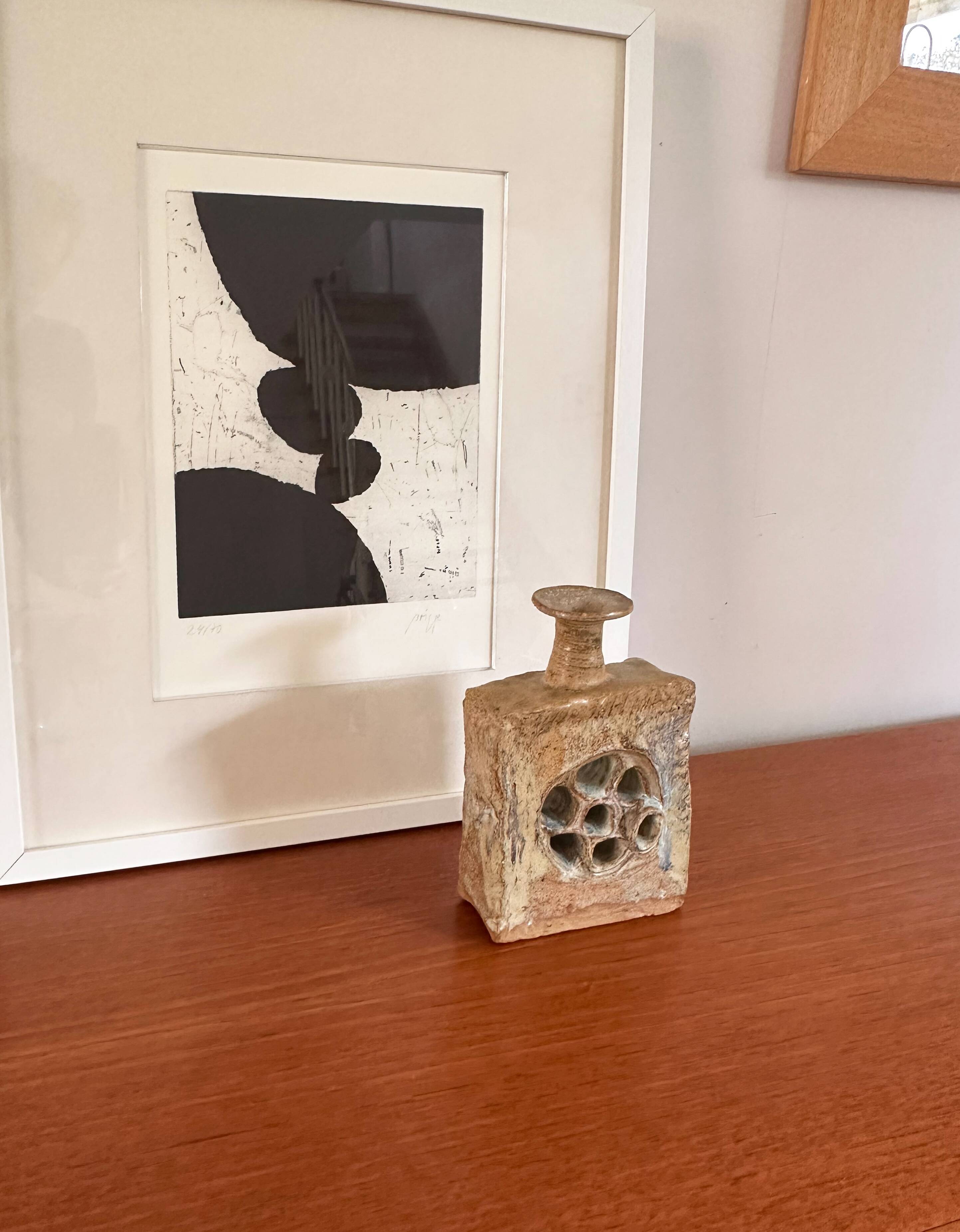 Brutalist stoneware vase with openwork decoration, Denmark, 1970.