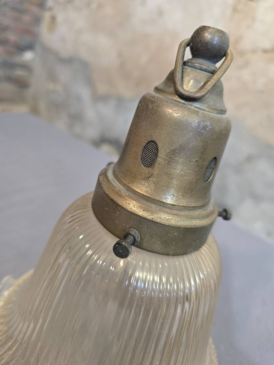 Holophane glass and brass suspension