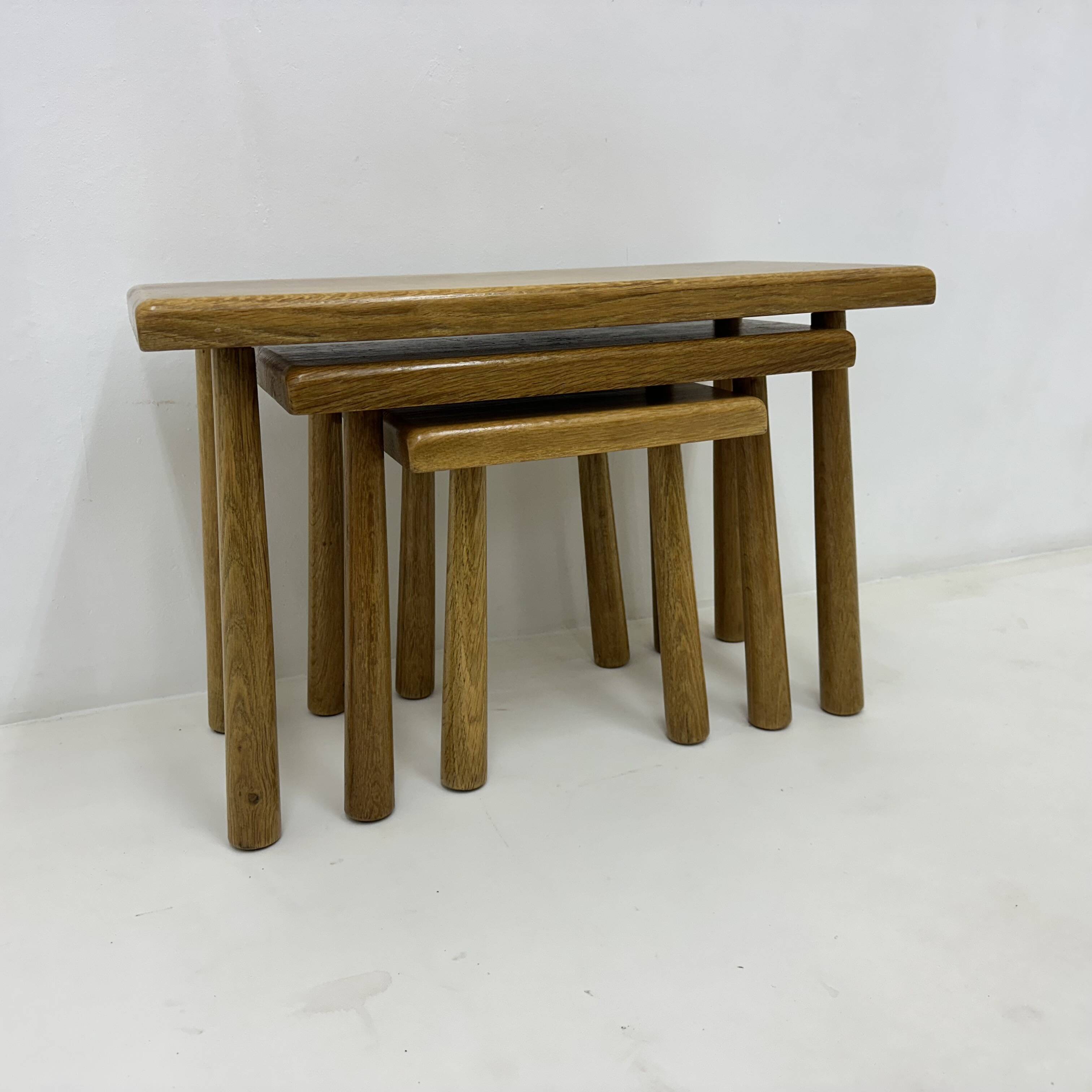 Set of nesting tables solid oak wood brutalist , 1970s