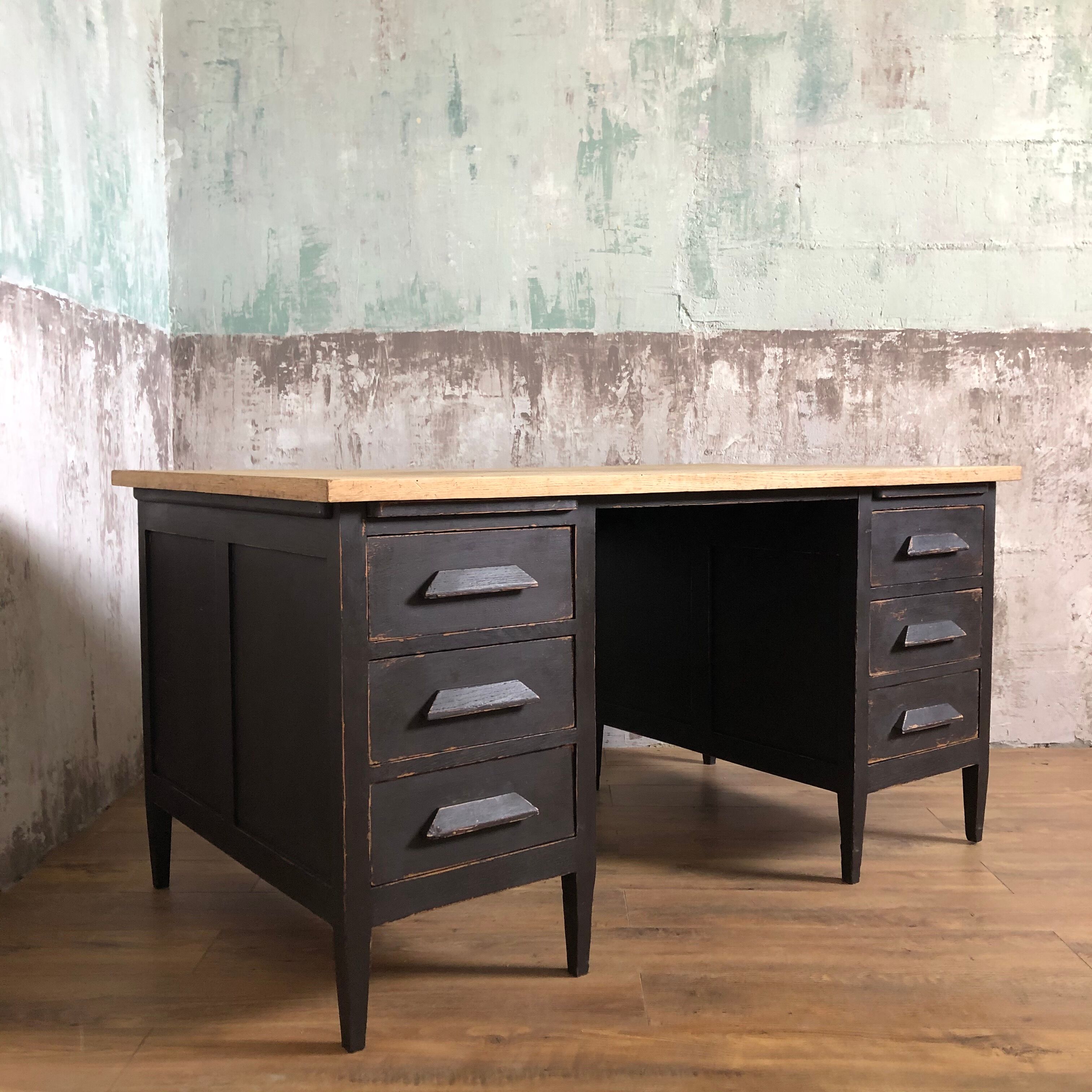 Former wooden minister's desk, black patina