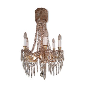 Lustre pampilles ancien cristal et verre taillé signé Portieux  6 feux