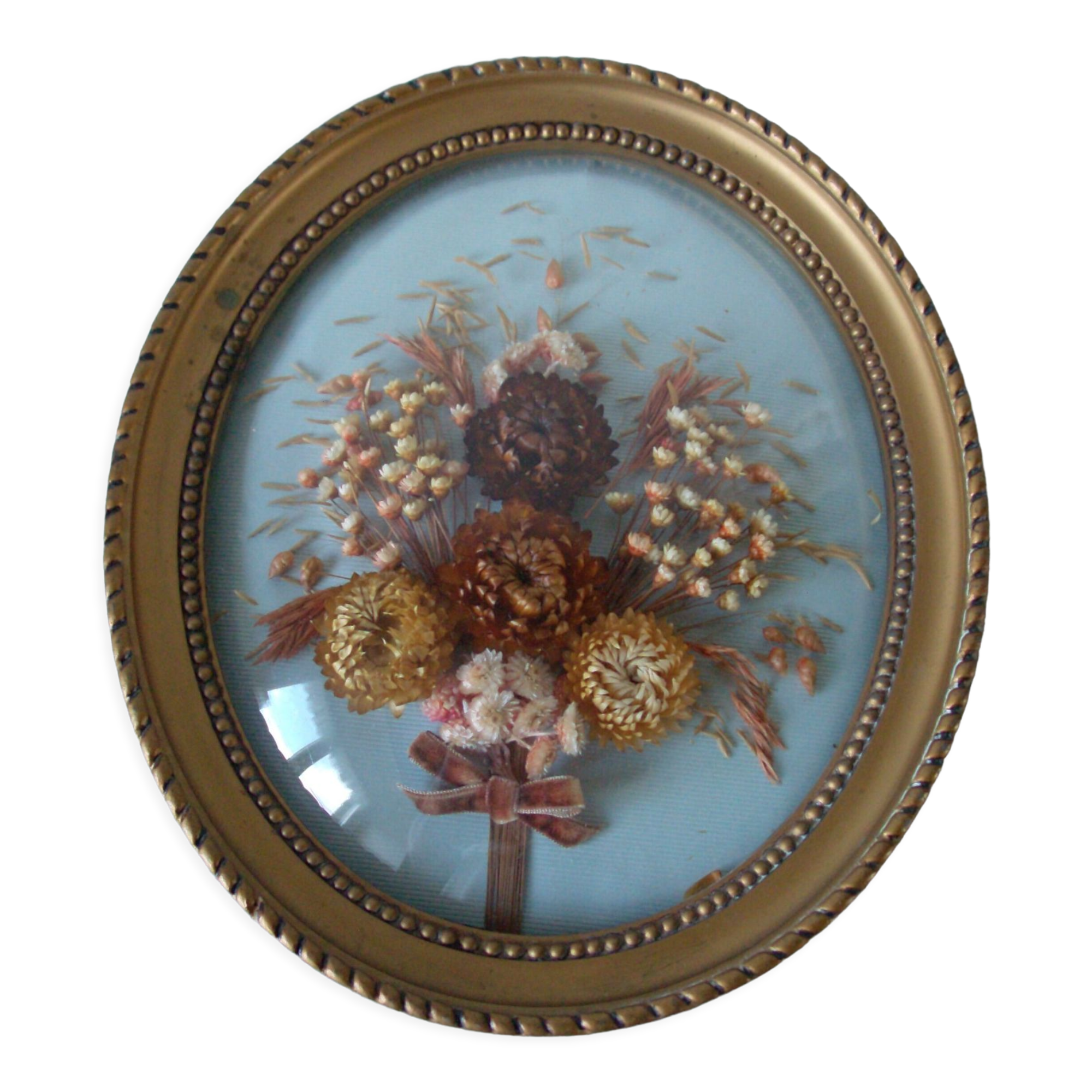 Old frame medallion bouquet of dried natural flowers domed glass 27.9 cm