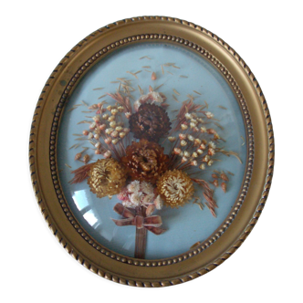 Old frame medallion bouquet of dried natural flowers domed glass 27.9 cm